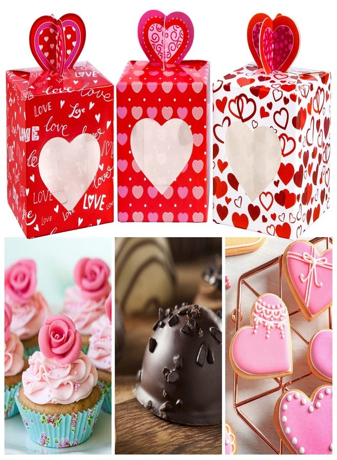 Whaline 24Pcs Valentine's Day Treat Boxes 3 Design Red Heart Cardboard Box with Window Heart Top Valentines Paper Gift Container for Goodie Cookie Candy Sweet Party Favors - Image 5